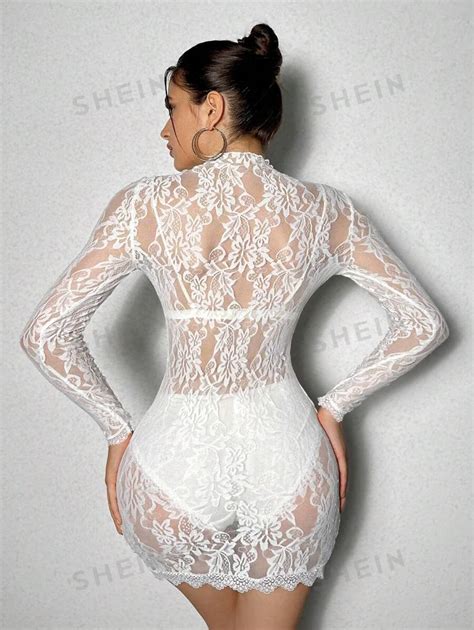 Shein Bae Mock Neck Lace Bodycon Dress Without Lingerie Set Shein Uk