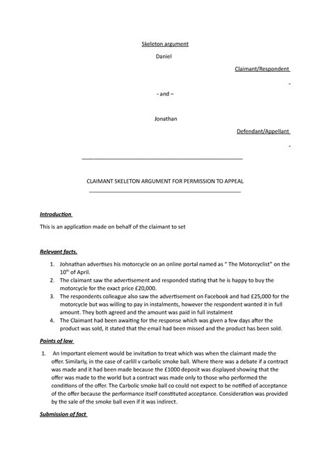 Skeleton Argument Lecture Notes 8 Skeleton Argument Daniel Claimant