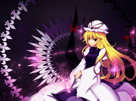 Blonde Hair Bow Dress Fan Hat Long Hair Purple Eyes Ribbons Saberiii Touhou Yakumo Yukari