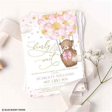 Editable Teddy Bear Hot Air Balloon Baby Shower Invitation Pink Gold Stars Bear Cub Adventure