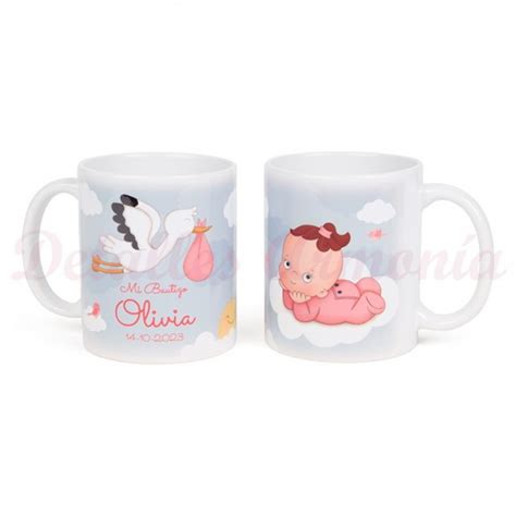 Taza Bebé Niña Con Cigüeña Para Detalle Bautizo