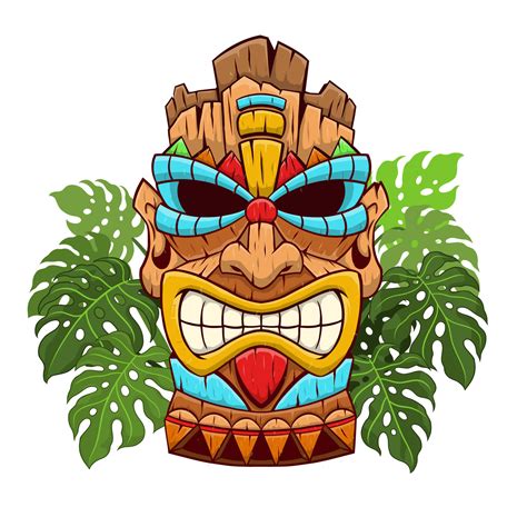 Tiki Mask God with Tropical Monstera Leaves 23453040 Vector Art at Vecteezy