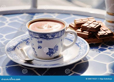 A Cup Of Hot Chocolate On A Table With Blue And White Tile Surface Stock Image Image Of