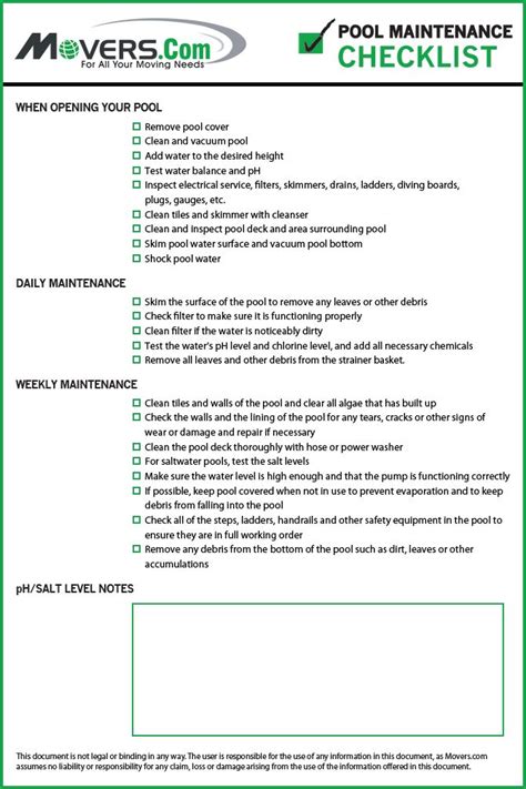 Free Printable Pool Maintenance Checklist