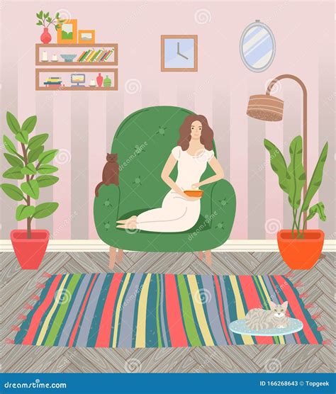 Girl In Armchair Living Room Cosy Interior Vector | CartoonDealer.com