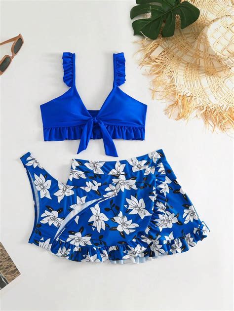 Shein Swim Vcay Juego De Bikini Con Ribete De Volantes Y Estampado Floral Para La Playa De