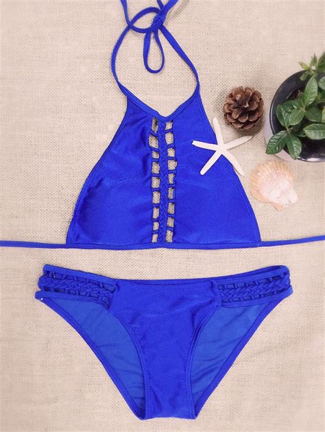 Halter Solid Color Cut Out Bikini Set BLUE Bikinis M ZAFUL