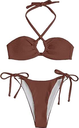 Amazon Oyoangle Women S Two Piece Bathing Suit Textured Cut Out Halter Tie Side Bikini