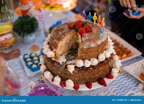 Detail Of Strawberry And Meringue Naked Cake Seen From Above Stories High Stock Image