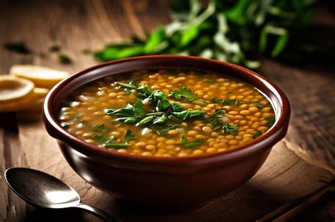 Premium AI Image A Bowl Of Lentil Soup With A Spoon On A Wooden Table