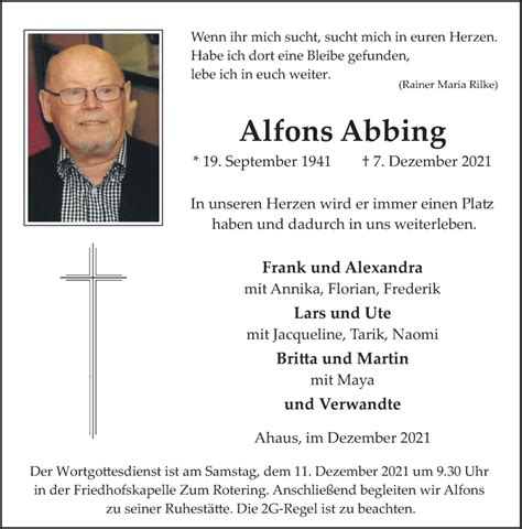 Traueranzeigen Von Alfons Abbing Sich Erinnern De