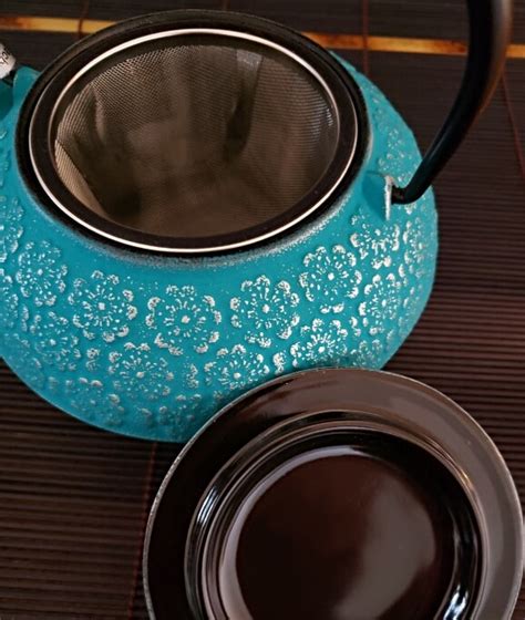 Turquoise Blue Sakura Cherry Blossom Japanese Iwachu Lined Iron Teapot