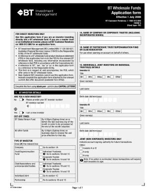 Fillable Online BT Wholesale Funds Application Form Fax Email Print