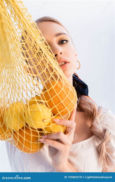 Blonde Woman Posing With Citrus Fruits Stock Photo Image Of Food Style 195883278