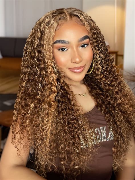 UNice 13x4 6x4 5 Transparent Lace Front Honey Blonde Money Piece Highlights Curly Wig