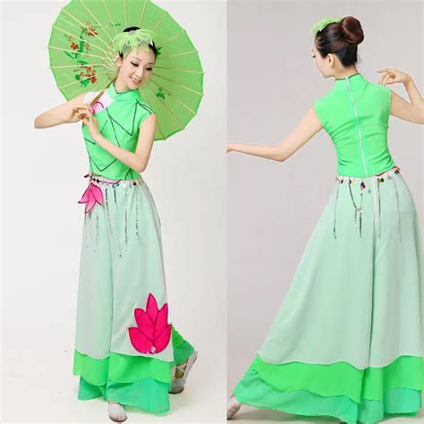 Green Color Women Folk Dance Costume Fan Dance Costumes Chinese Ancient