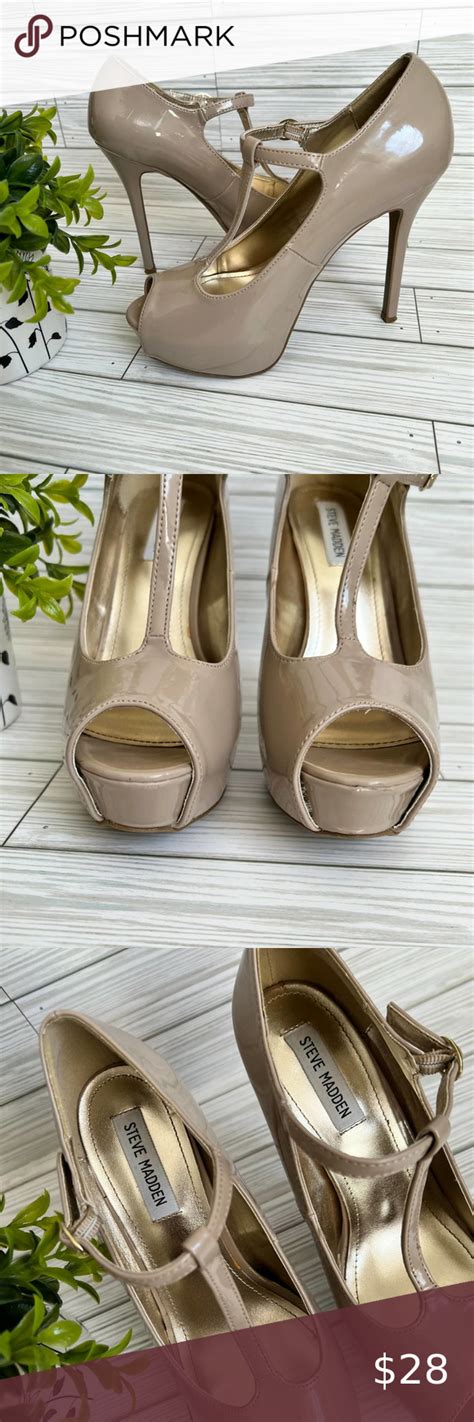 Steve Madden Nude Faux Patent Leather P Revaa Peep Toe T Strap Heels