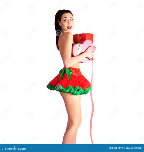 Joyful And Naked Girl Flirts In Red Dress Is Stock Image Image Of Health Cheerful