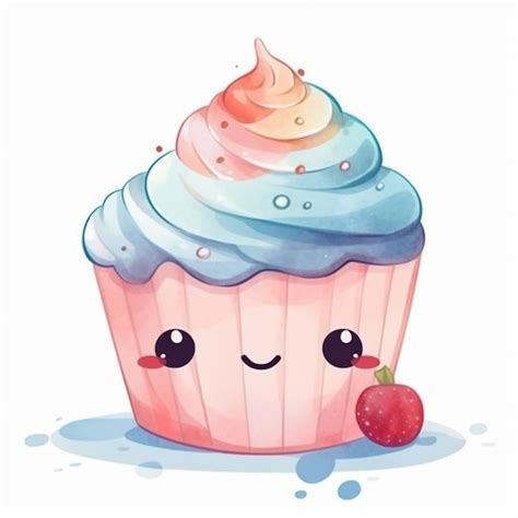 Cupcake De Dibujos Animados Con Una Fresa En La Parte Superior Y Una