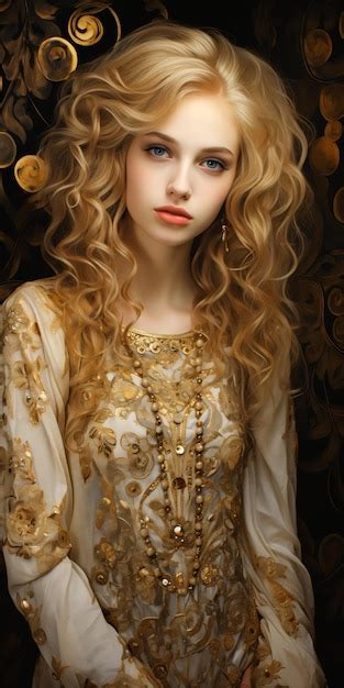 Premium AI Image Closeup Woman Long Blonde Hair Wearing Gold Dress Pale Beauty Face Body