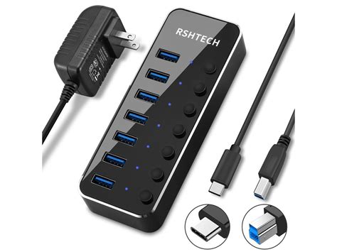 Powered Usb Hub Rshtech Type C To 7 Port Usb 30 Hub Aluminum Portable Splitter With Individual