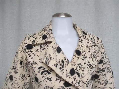 ERICA TANOV 1 Nude Tan Black Floral Design Amber Gold Button Jacket Sz