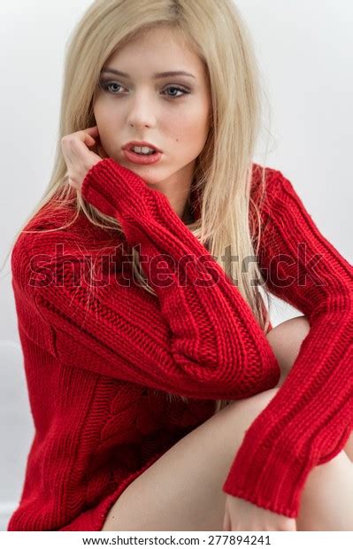 Sexy Blonde Red Sweater Posing Studio Stock Photo 277894241 Shutterstock