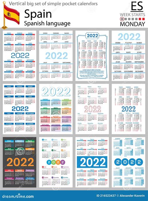 Spanish Vertical Pocket Calendars for 2022. Week Starts Monday Stock