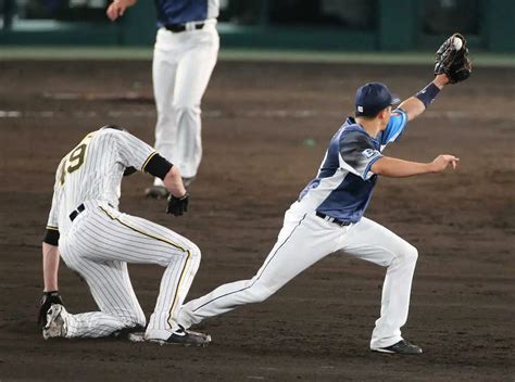 ＜神・西＞6回 1死一塁 島田のレフトゴロで二封された一走・ガンケル（左） （撮影・成瀬 徹） ― スポニチ Sponichi Annex 野球