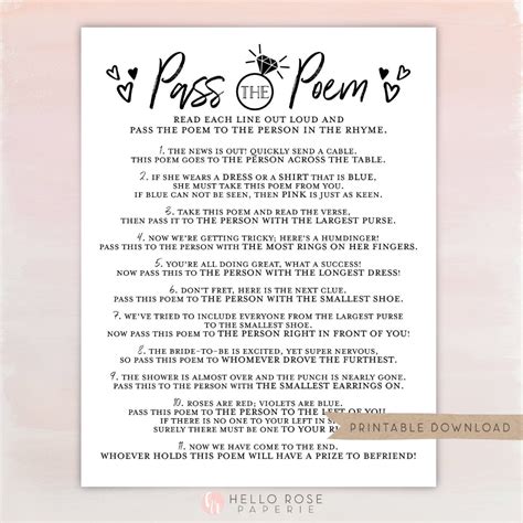 Pass The Poem Bridal Shower Printable Game Bachelorette Hens Etsy