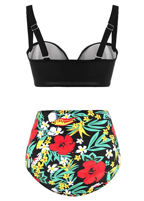 Floral Print High Waist Flounce Decorative Ring Bikini Set Modlily USD