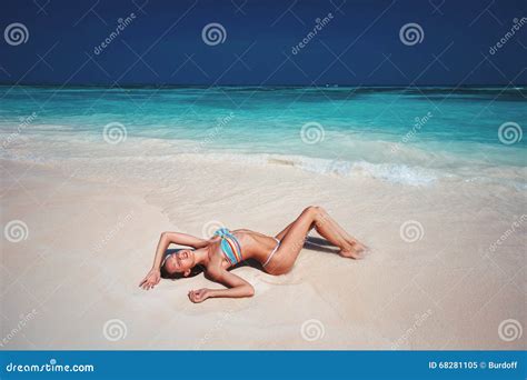 Woman In Bikini Lying On Tropical Beach Stock Image Image Of Human Activity 68281105