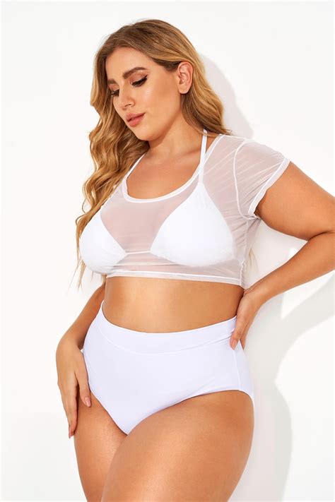 White Self Tie Halter Straps Mesh Crop Bikini Top Meet Curve Meet Curve