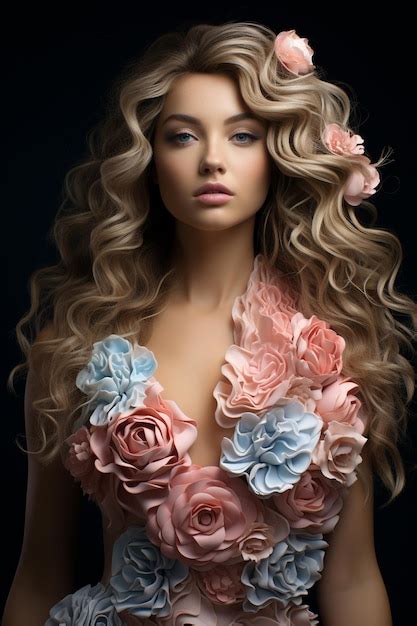 Premium AI Image A Model With Long Blonde Hair And A Pink Flowered Dress