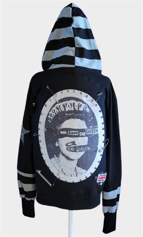 Sex Pistols God Save The Queen Custom Striped Hooded Patch Sweatshirt Recycled Punk Etsy