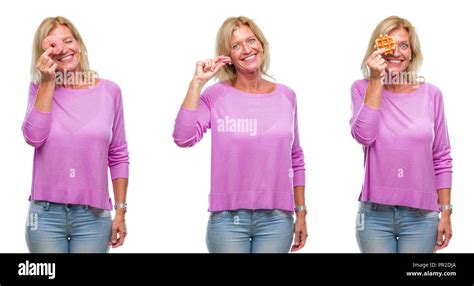 Collage Of Beautiful Middle Age Blonde Woman Eating Sweets Over White Isolated Backgroud With A