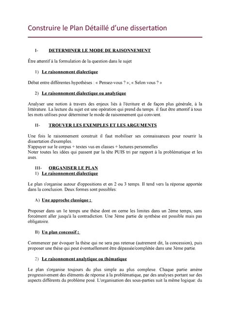 Construire le Plan Détaillé dune dissertation Construire le Plan