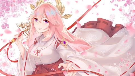 Purple Eyes Pink Hair Yae Miko Guuji Hd Genshin Impact Wallpapers Hd