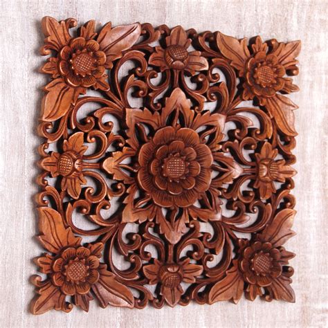 UNICEF Market Hand Carved Suar Wood Floral Wall Relief Panel Floral