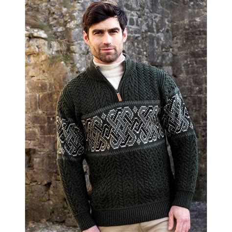 Aran Craft Celtic Jacquard Half Zip Sweater Army Green Clothing Knitwear At Irish On Grand