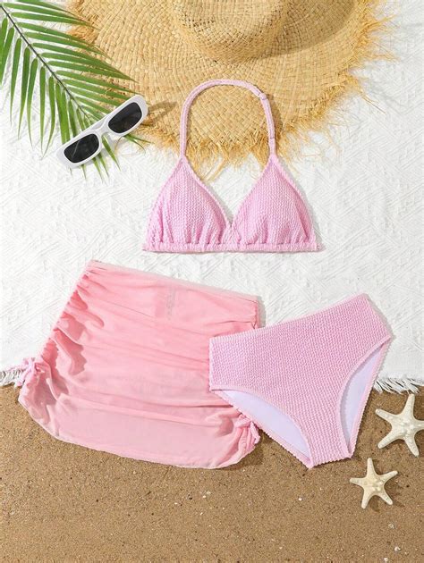 Tween Girls Bikini Sets Textured Green 3 Piece Swimsuit Set With Bowknot Skirt Fashionable