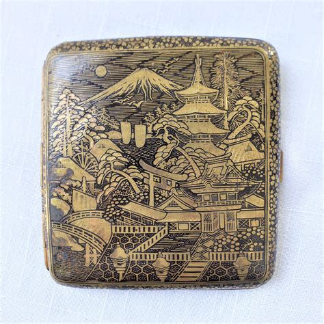 Antique Japanese Damascene Cigarette Case With Ornate Mt Fuji And