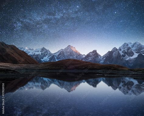 fototapeta night landscape   mountain lake   starry sky