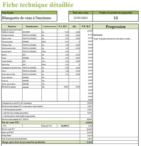 Modèle de fiche technique cuisine sur Excel Modèles Excel