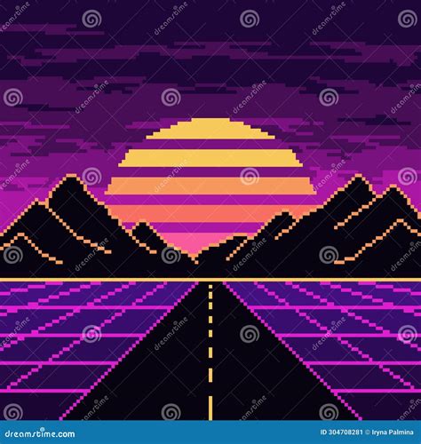 Pixel Synthwave Neon Highway With Mountains And Sun Background Stock