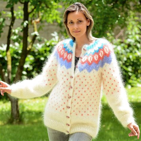 Hand Knit Mohair Icelandic Cardigan White Fuzzy Norwegien Etsy