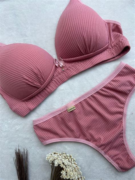 KIT 2 Lingerie Conjunto canelado Sutiã bojo tanga Conforto elegante Dia a dia Moda íntima