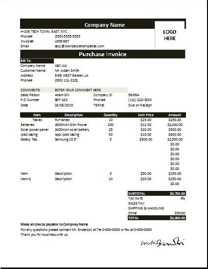 Purchase Invoice Templates Free Printable Xlsx Docs Pdf