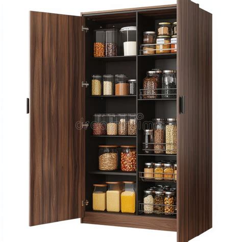 A Wooden Pantry Filled With Various Jars And Containers Of Food Items