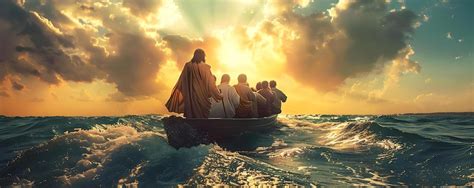 Quando Eu Atravessar O Mar Da Galileia - Jesus caminhando sobre a água em direção aos discípulos em um barco mar ...
